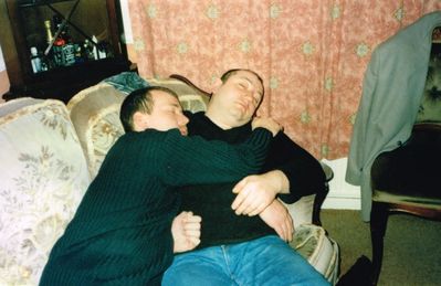 Steve with Dave pretending to be asleep  
