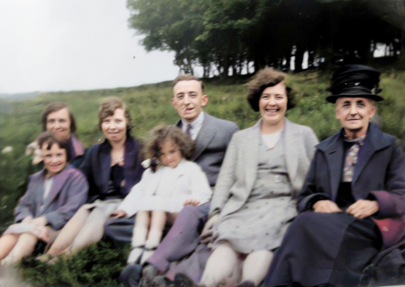 Clent Hills - Left to Right Florence - Kathleen - Child Unknown - Patricia - George - Gladys - Emily Roberts-Colorized-Enhanced
