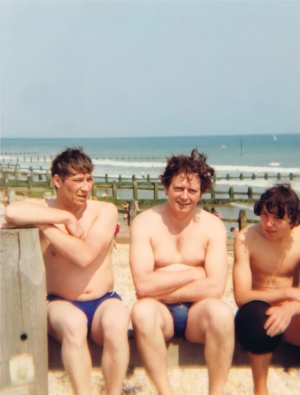 Dad - Uncle Les and Steve - Steve is holding a bowler hat over his knee to hide bleeding from an earlier injury

