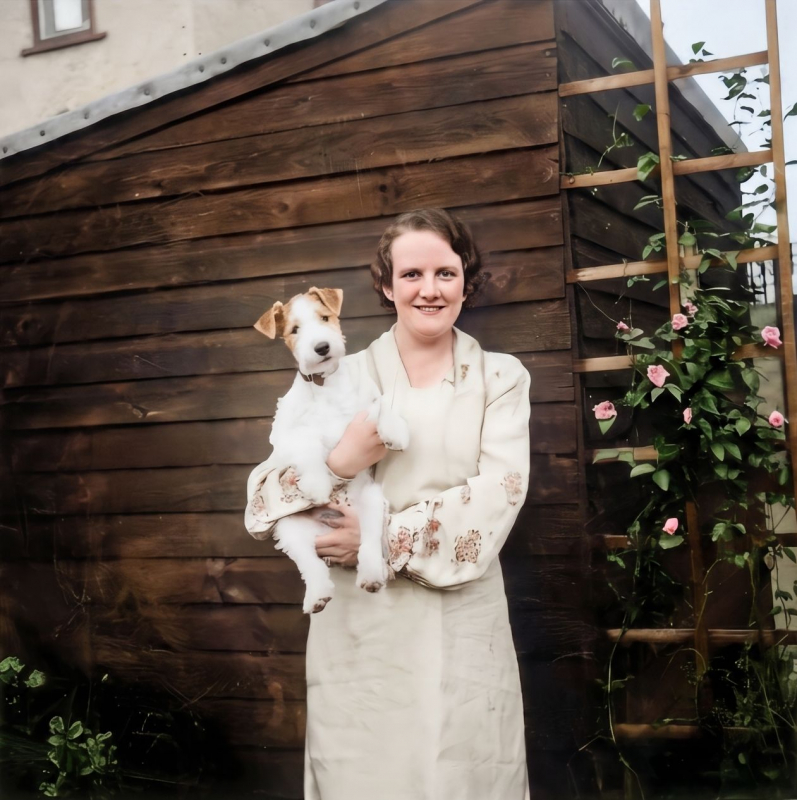 Doris E Roddis and Dog - In Garden In Front Of Shed
