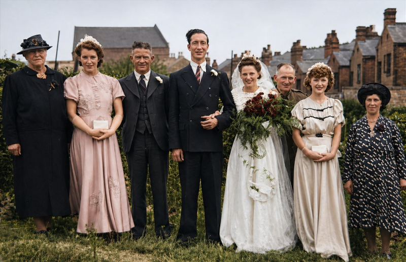 From left..Emma Welch, Joan Avery, Charlie Avery, Groom John Avery and Bride Annie Moore, Arthur Moore, Jean Moore and on the end Bertha Meredith
