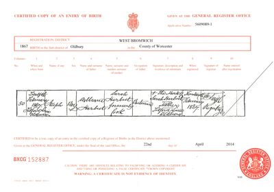 Joseph Harbutt Birth 12 02 1867 Titford Lane Oldbury 1
