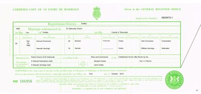 Samuel Grosvenor Hannah Jennings Marriage Cert Dec 25th 1869
